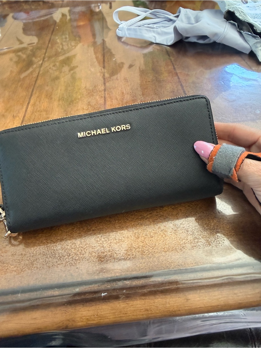 Michael Kors Black Saffiano Zip Around Wallet with Gold Logo